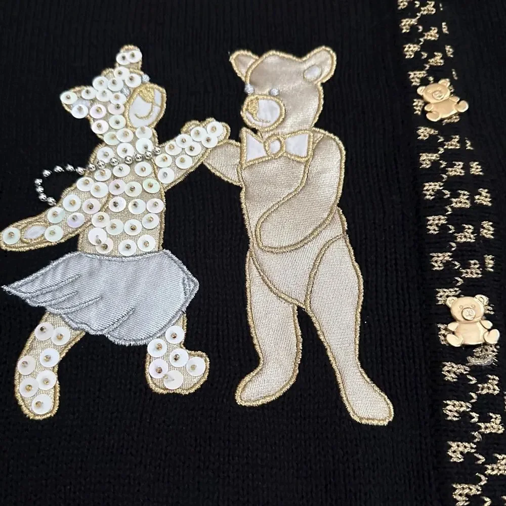 Vintage P’Galli Sequin Teddy Bear Christmas Vest XL Black Gold Holiday Sweater